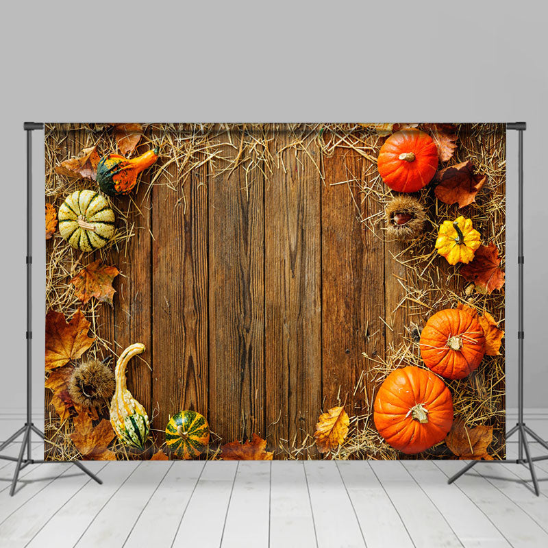 Lofaris Cute Pumpkins and Straw Wooden Floor Autumn Backdrop