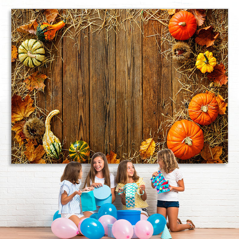 Lofaris Cute Pumpkins and Straw Wooden Floor Autumn Backdrop