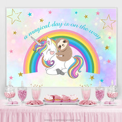 Lofaris Cute Sloth And Unicorn Rainbow Birthday Party Backdrop