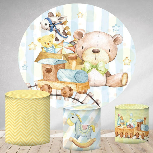 Lofaris Cute Teddy Bear Toy Round Boys Baby Shower Backdrop