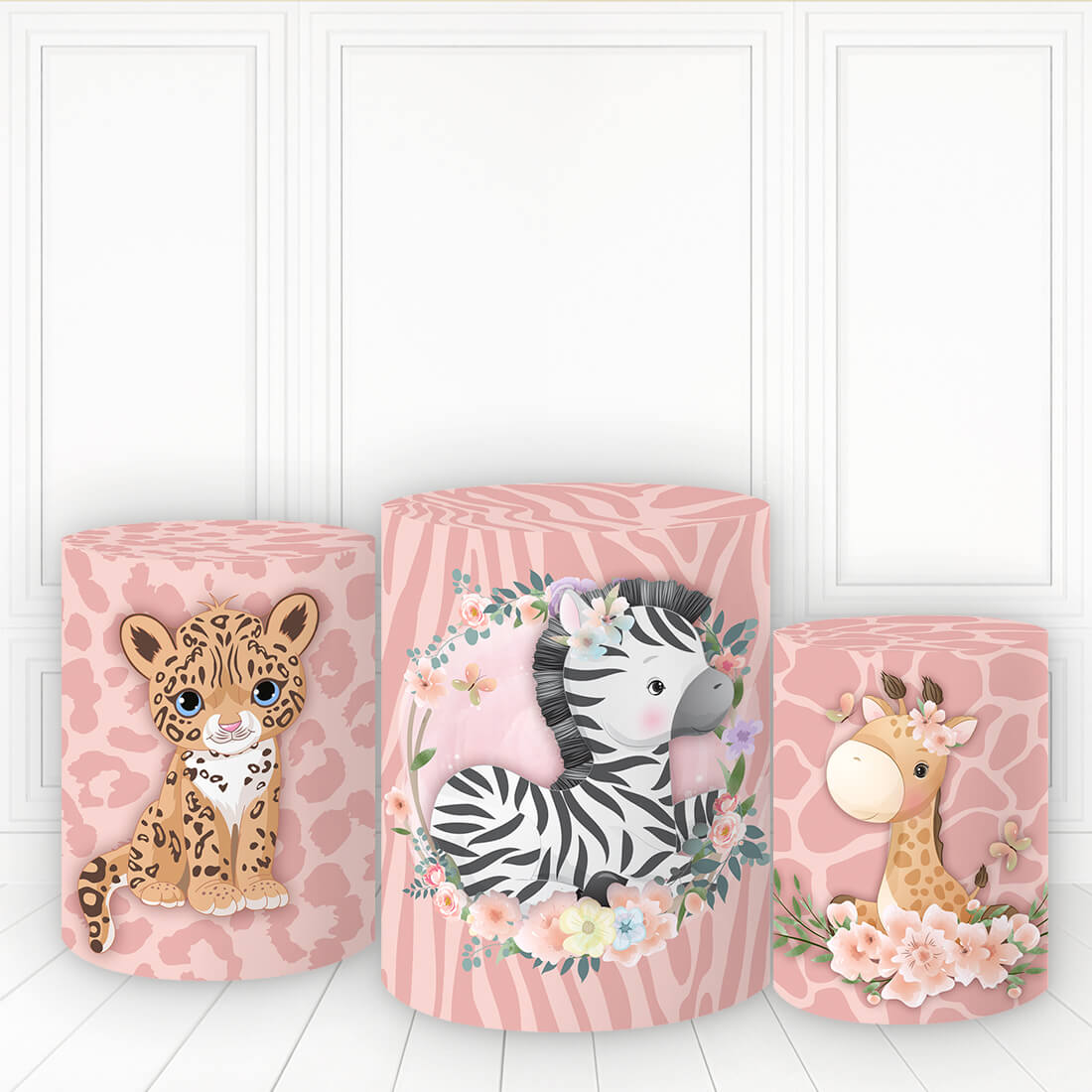 Lofaris Cute Wild Animals Plinth Cover Pink Floral Cake Table