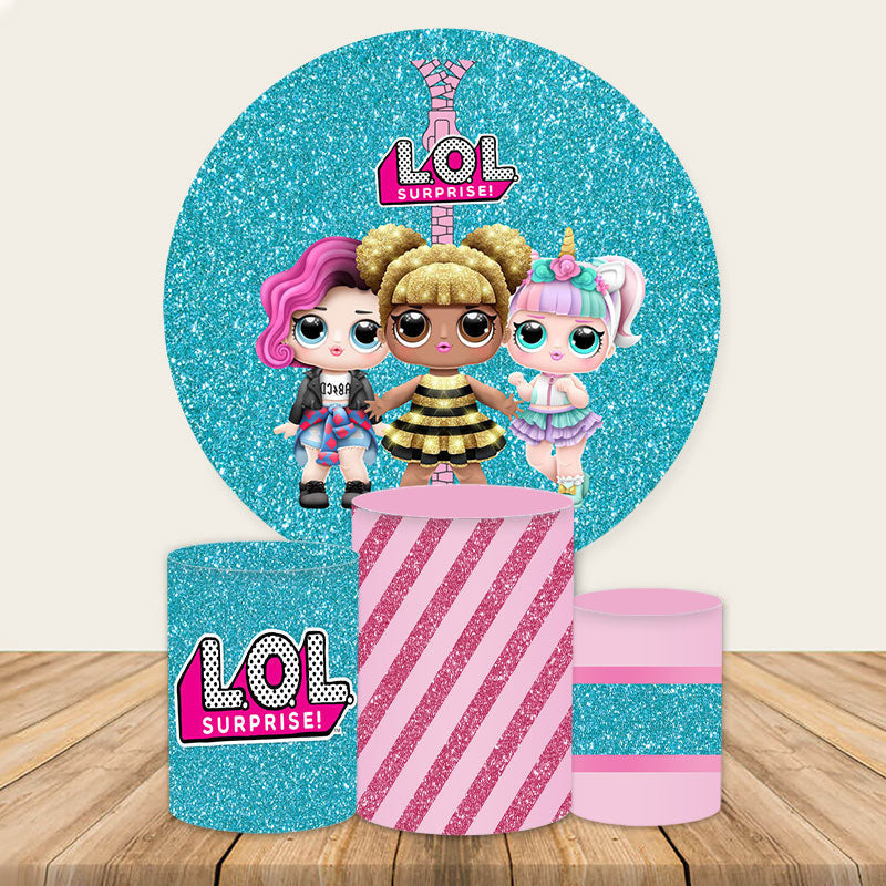 Lofaris Cyan And Pink Glitter Pop Dolls Round Birthday Backdrop Kit