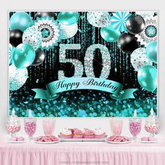 Lofaris Cyan Balloons Bokeh Glitter Happy 50th Birthday Backdrop