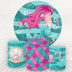 Lofaris Cyan Glitter Mermaid Round Birthday Party Backdrop Kit