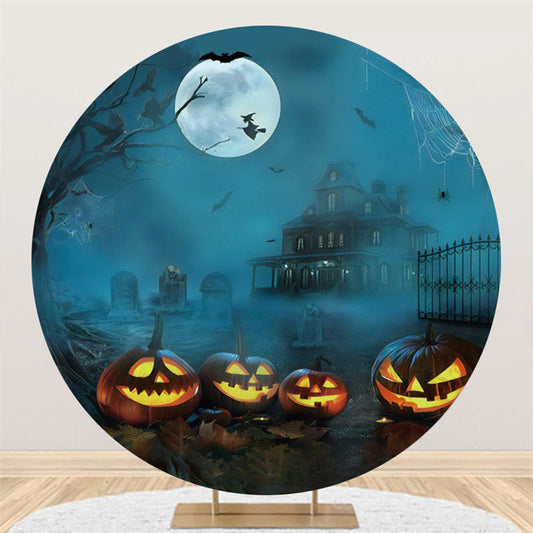 Lofaris Dark Blue Castle Moon Night Halloween Pumpkin Backdrop