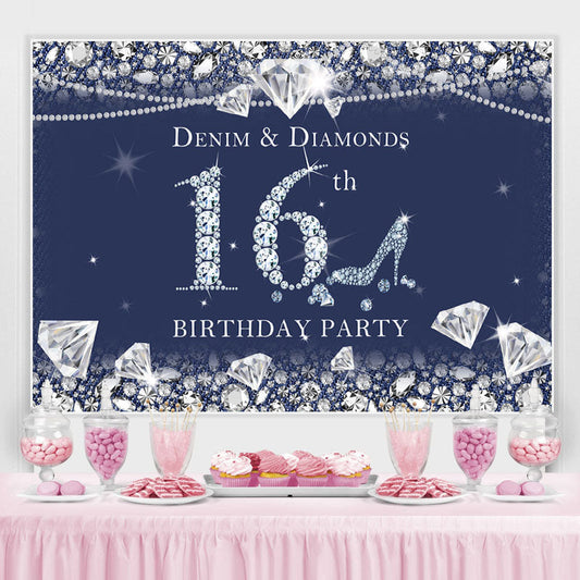 Lofaris Dark Blue Denim and Diamonds 16Th Birthday Backdrop