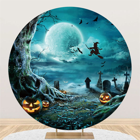 Lofaris Dark Blue Forest Halloween Pumpkins Moon Night Backdorp