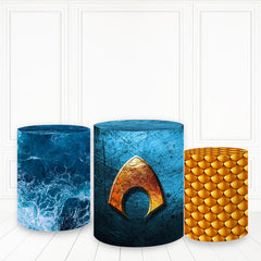 Lofaris Dark Blue Ocean Theme Cylinder Cover Gold Scale Pedestal