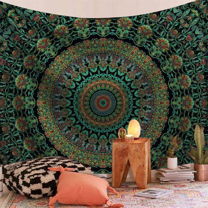 Lofaris Dark Green Mandala Trippy Room Decoration Wall Tapestry
