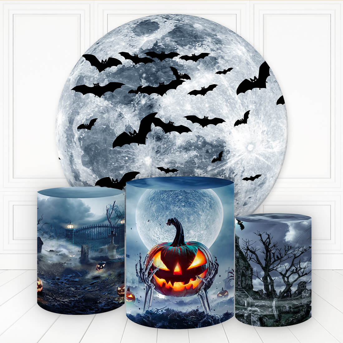 Lofaris Dark Pumpkin Moon Night Round Birthday Backdrop Kit For Boy