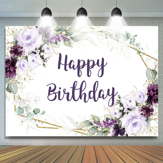 Lofaris Dark Purple Flowers Glitter Happy Birthday Backdrop