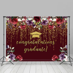 Lofaris Dark Red Floral Gold Glitter Congratulation Grad Backdrop