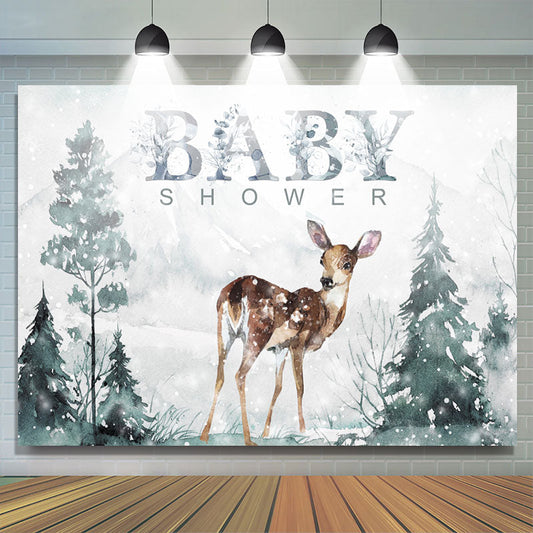 Lofaris Deer in Snow and Mountain Baby Shower Backdrop