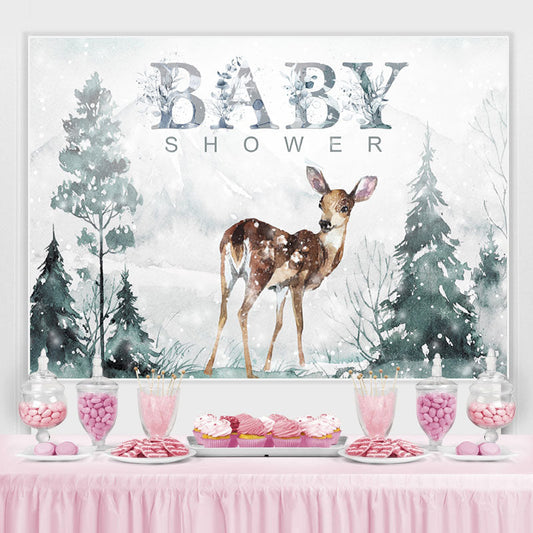 Lofaris Deer in Snow and Mountain Baby Shower Backdrop