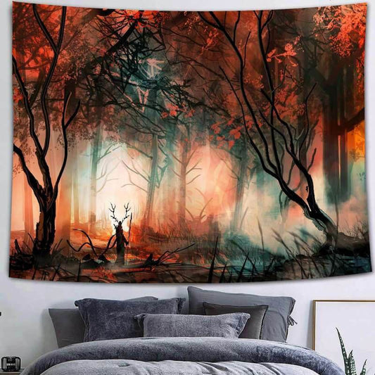 Lofaris Dense Fog And Deer Girl Trippy Forest Wall Tapestry