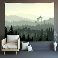 Lofaris Dense Fog And Light Green Mountain Forest Wall Tapestry