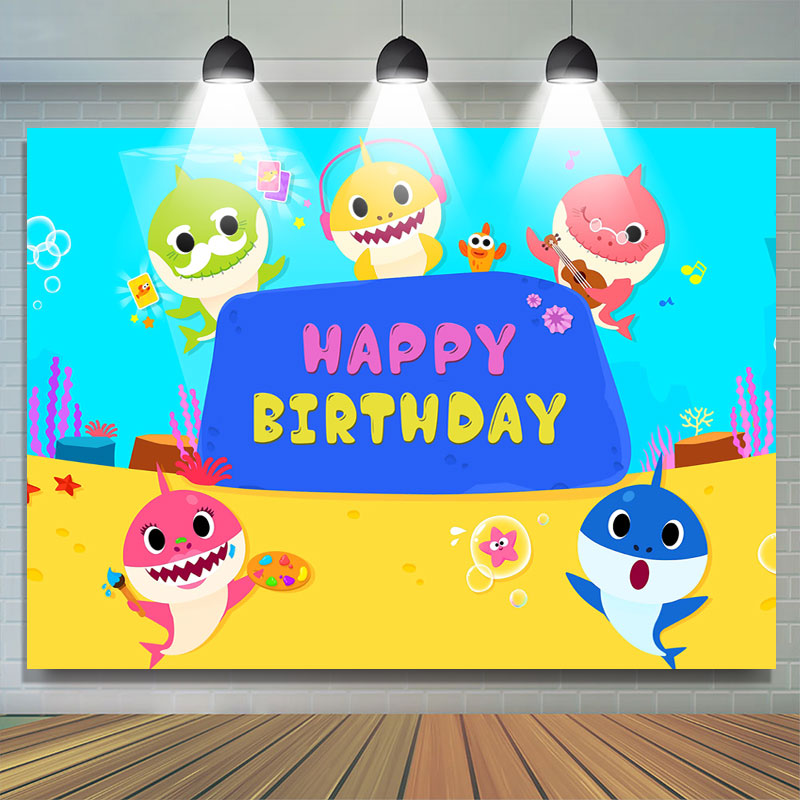 Lofaris Drawing Shark Happy Birthday Cartoon Backdrop for Children Party