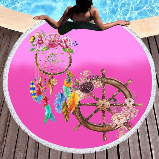 Lofaris Dreamcatcher Helm Pink Round Beach Towel With Fringe