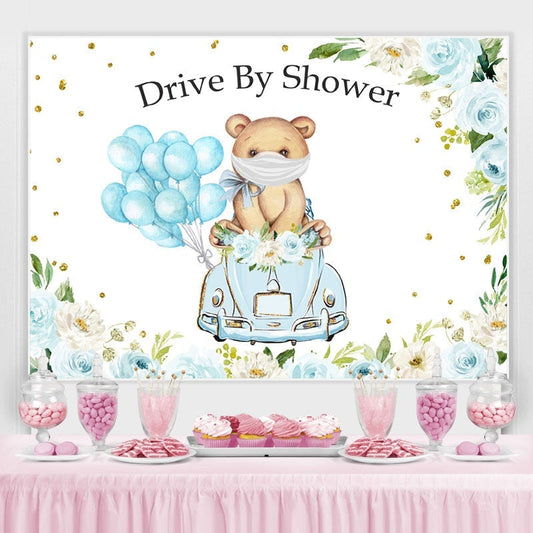 Lofaris Drive By Shower Blue Balloons Baby Backdrop