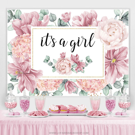 Lofaris Dusty Pink Flowers Its A Girl Baby Shower Backdrop