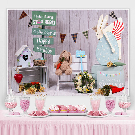 Lofaris Easter Bunny Stop Here Hippity Hoppity Wooden Backdrop