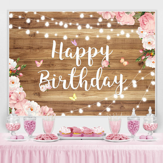Lofaris Elegant Wooden Pink Floral Happy Birthday Backdrop