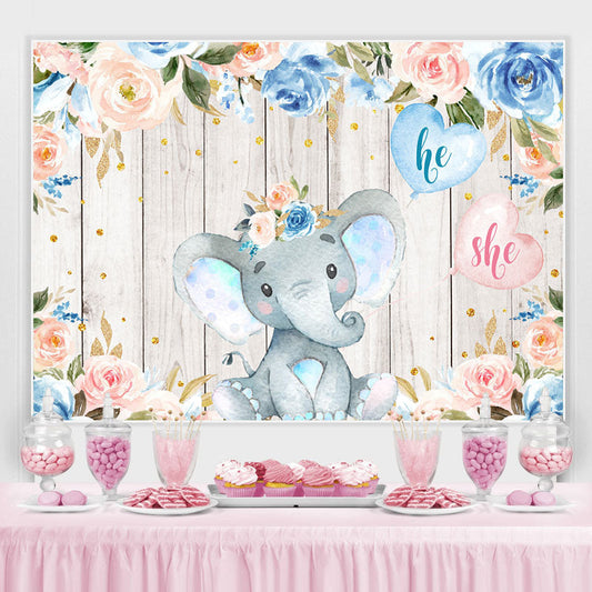 Lofaris Elephant And Floral Wooden Baby Shower Backdrop For Boy