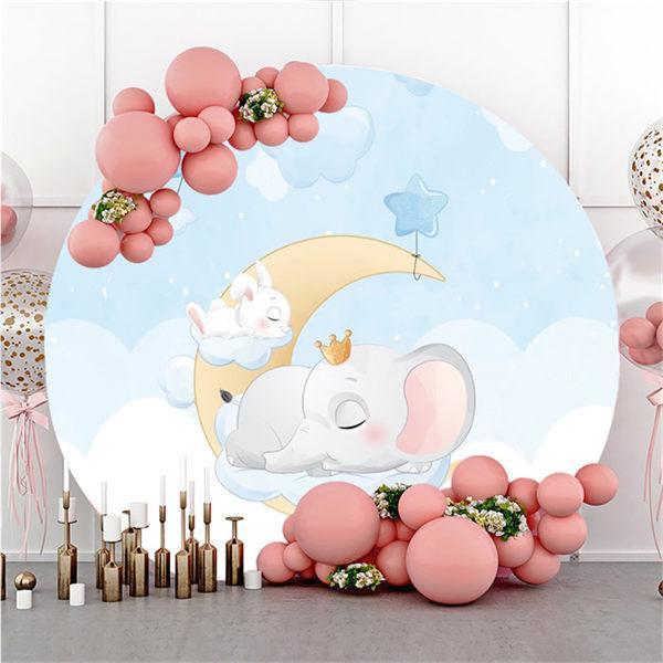Lofaris Elephant And Rabbit Blue Round Baby Shower Backdrop