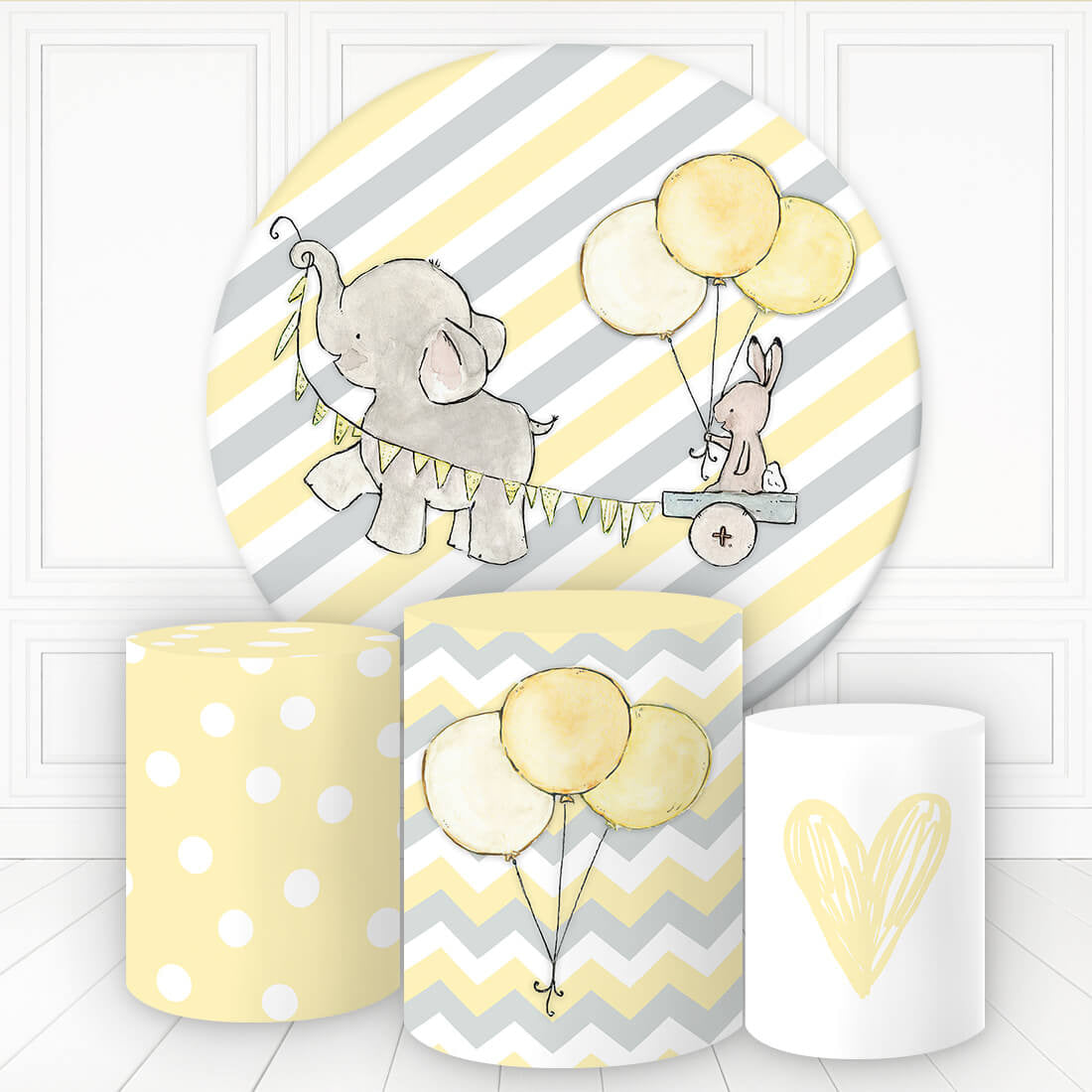 Lofaris Elephant Rabbit Yellow Balloon Round Birthday Backdrop Kit