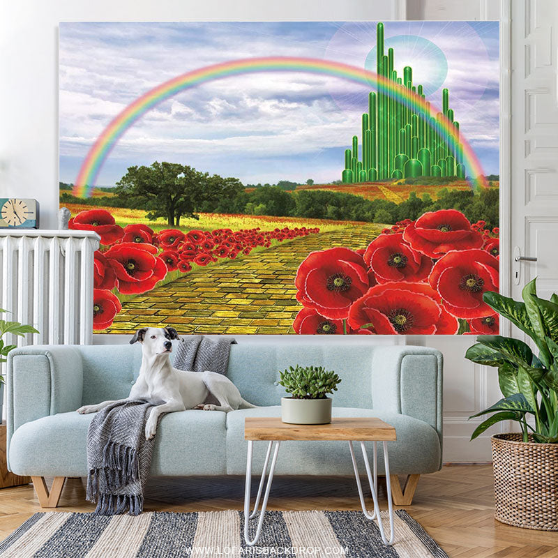 Lofaris Emerald Castle Rainbow Birthday Party Backdrop Banner