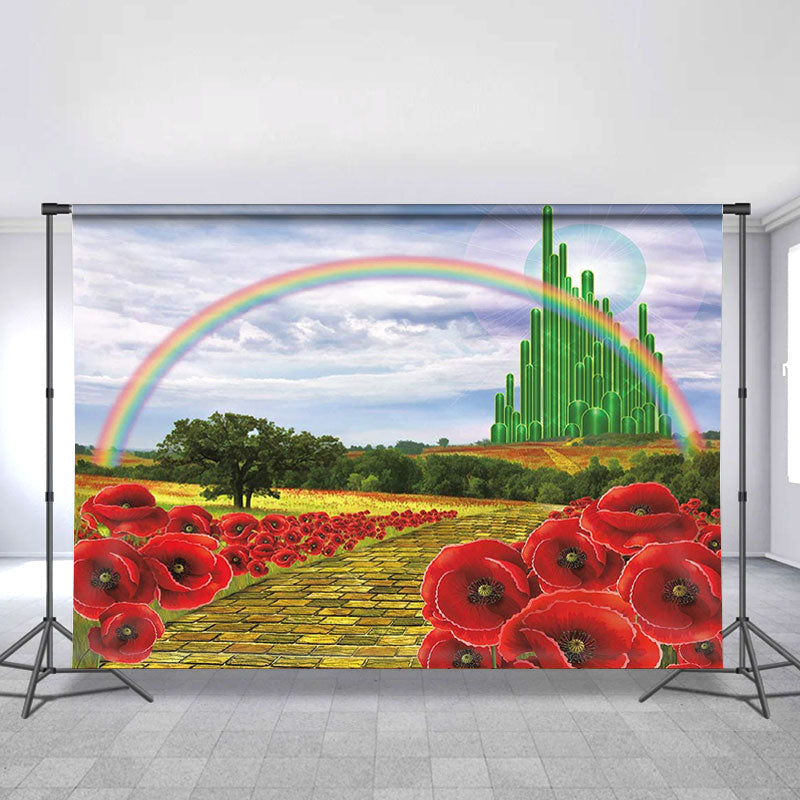Lofaris Emerald Castle Rainbow Birthday Party Backdrop Banner