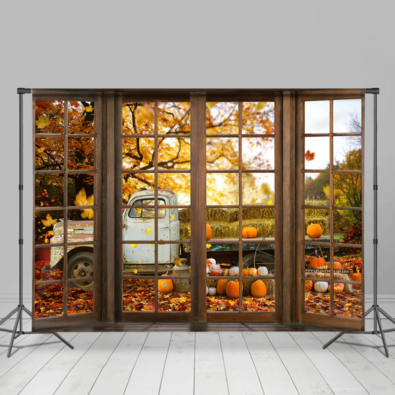 Lofaris Falling Maple Leaf Outside Truck Pumpkin Full Backdrop