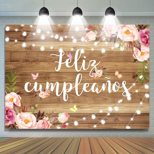 Lofaris Feliz Cumpleanos Floral Wooden Happy Birthday Backdrop