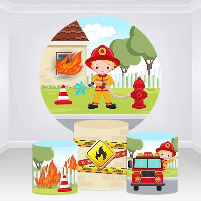 Lofaris Fireman Firetruck Theme Caution Happy Birthday Backdrop Kit