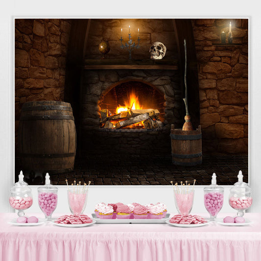 Lofaris Fireplace and the Skull Scary Halloween Party Backdrop