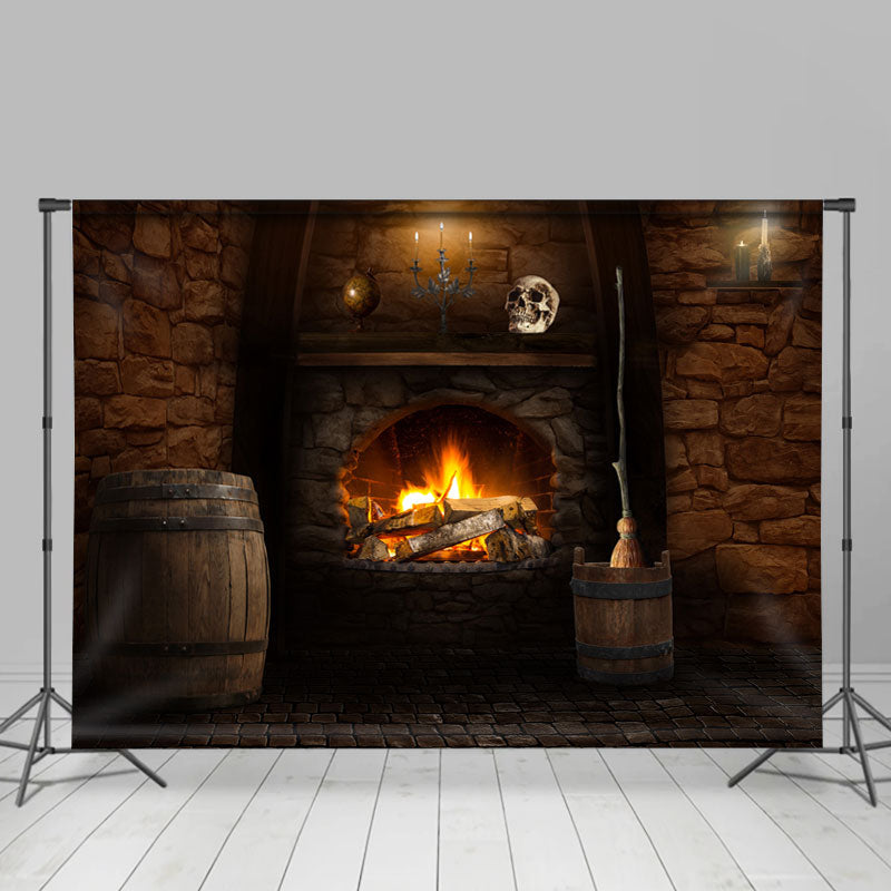 Lofaris Fireplace and the Skull Scary Halloween Party Backdrop