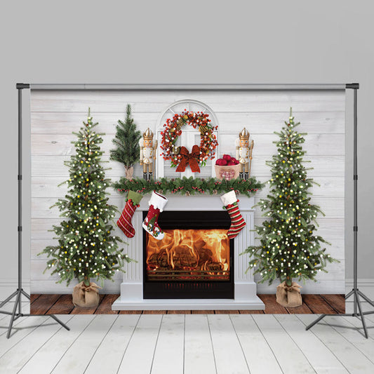 Lofaris Fireplace Snow Socks Christmas Tree Lights White Wall Backdrop
