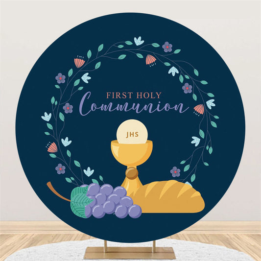 Lofaris First Holy Communion Navy Happy Birthday Round Backdrop