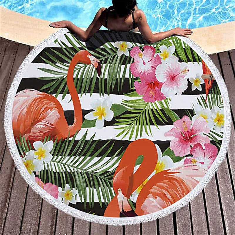 Lofaris Flamingo Hibicus Stripes Large Round Beach Blanket