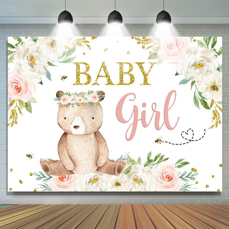 Lofaris Floral and A Bear with Garland Baby Shower Backdrop