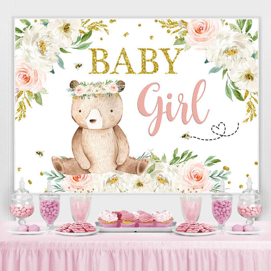 Lofaris Floral and A Bear with Garland Baby Shower Backdrop
