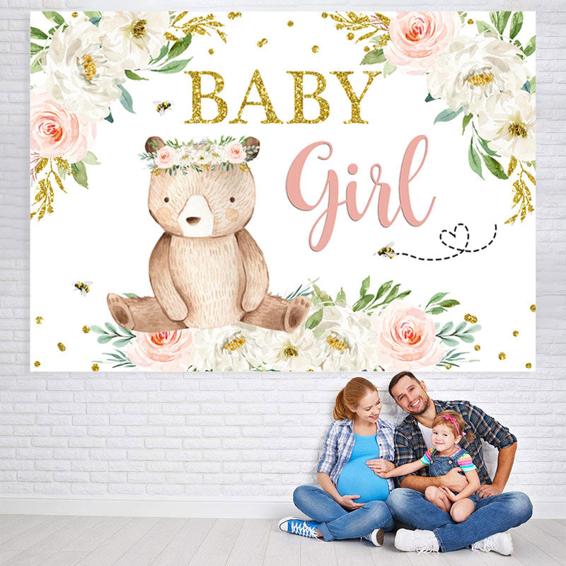 Lofaris Floral and A Bear with Garland Baby Shower Backdrop