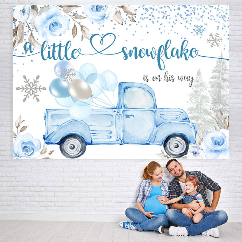 Lofaris Floral And Blue Truck With Balloon Baby Shower Backdrop