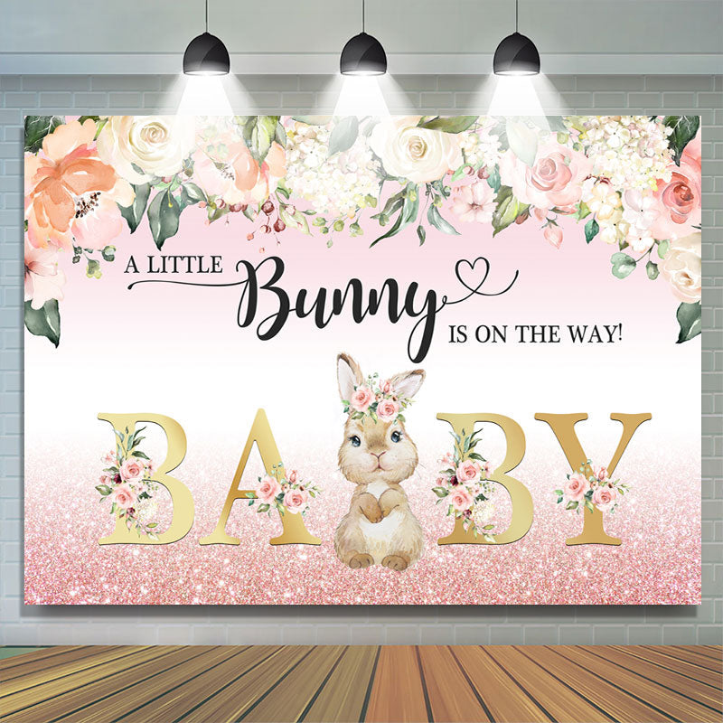Lofaris Floral And Bunny Pink Glitter Girls Baby Shower Backdrop
