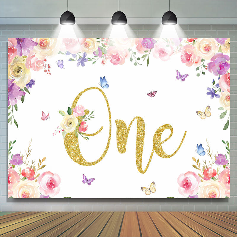 Lofaris Floral And Butterfly Glitter One Birthday Backdrop