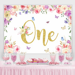 Lofaris Floral And Butterfly Glitter One Birthday Backdrop