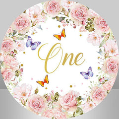 Lofaris Floral And Butterfly Round Happy 1St Birthday Backdrop