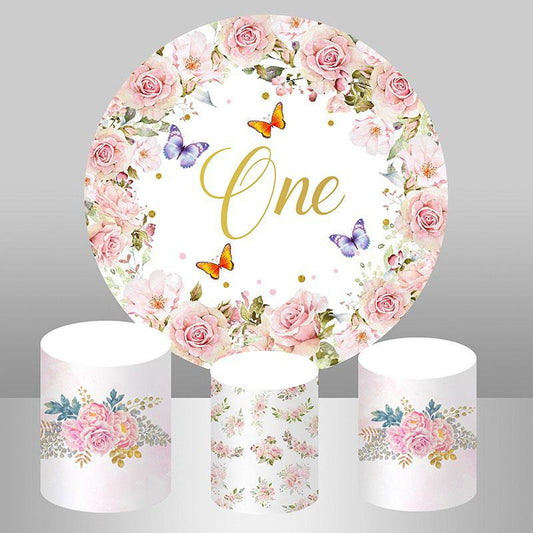 Lofaris Floral And Butterfly Round Happy 1St Birthday Backdrop