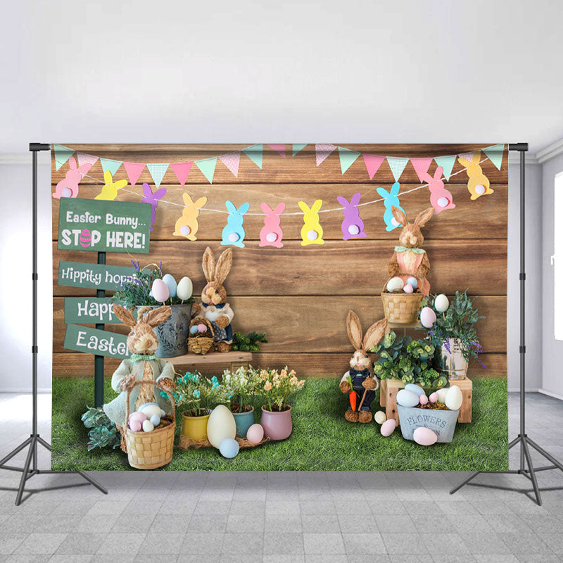 Lofaris Floral And Cute Rabbit Wooden Happy Easter Day Backdrop