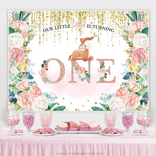 Lofaris Floral And Fox Gold Pink Glitter 1st Birthday Backdrop
